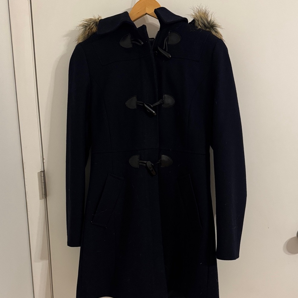 Nautica Women's Navy Toggle Trench Coat with Faux Fur Hood